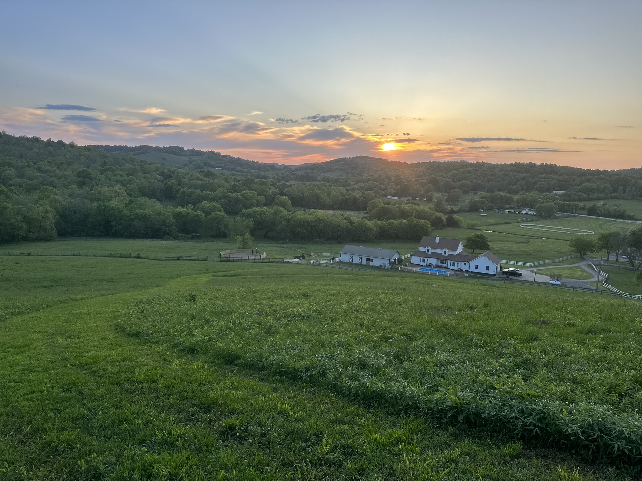 Golden-hour view across the pasture at Forever Forward Stable